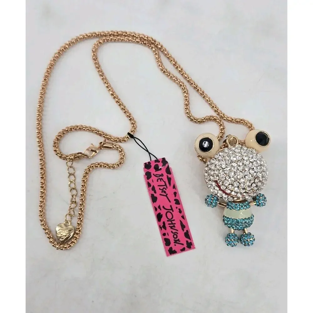 Y2K Bling Whimsical Rhinestone Frog Pendant Necklace Betsey Johnson NOS
